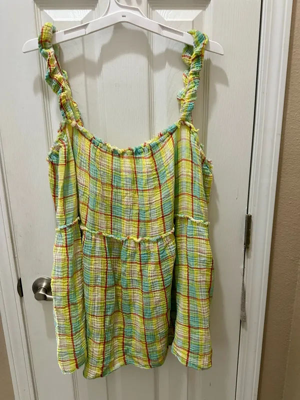 Anthropologie Plaid gauze Ruffle Mini Dress Boho Babydoll yellow size XL - Image 4