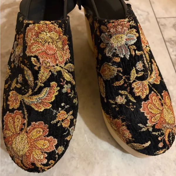 Anthropologie Floral Tapestry Wood Platform Clogs - Image 13