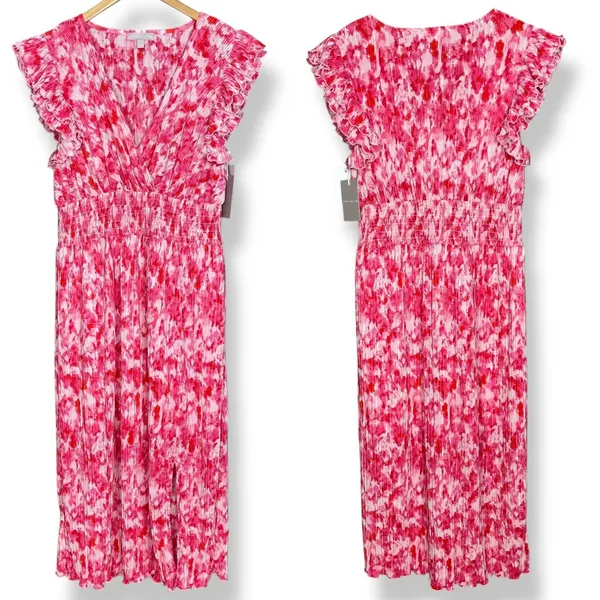 Chelsea28‎ Dress Flutter Sleeve Plissé Midi Dress NWT Pink Red Artful Petals Lrg - Image 3