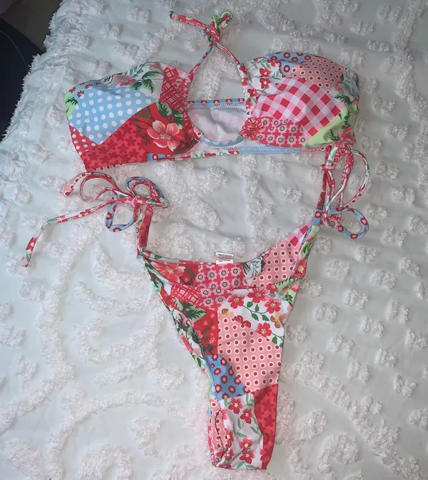Amazon Women’s Small  Strawberry Shortcake Patchwork Bandeau Bikini Set - Image 2