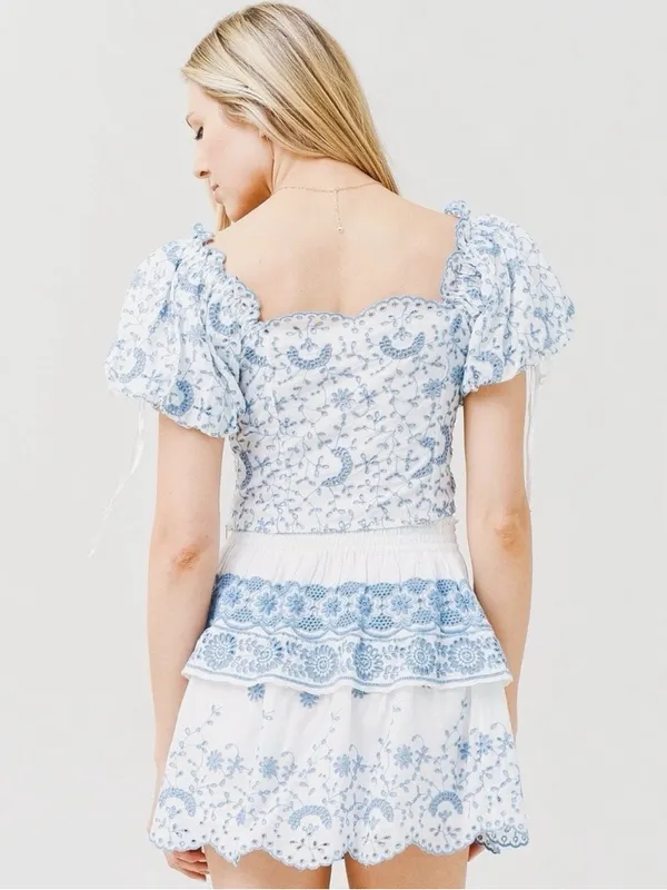 LoveShackFancy Melina Broderie‎ Anglaise Blue Eyelet White Puff Sleeve Crop Top - Image 2