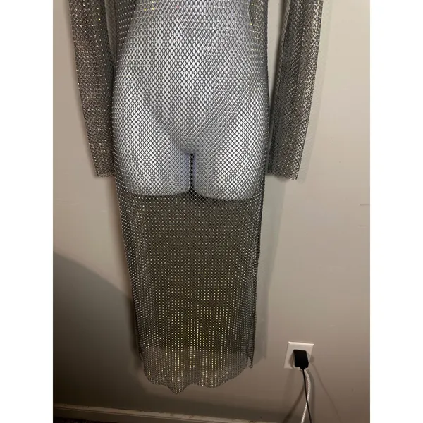House of Harlow 1960 Silver Rhinestone Fishnet Mesh Maxi Dress XS Long‎ Sleeve - Image 4