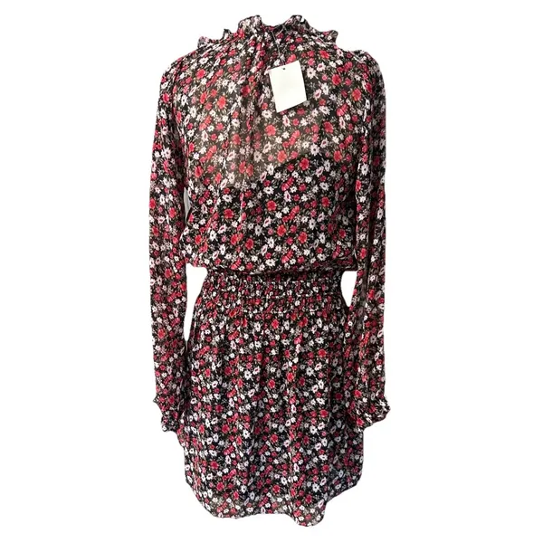 Socialite Floral Chiffon Mini Dress XS Red Black Long Sleeve Smocked Waist NWT - Image 5