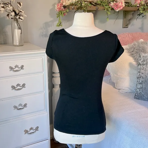Express Sexy Basic Black Top Drape Neck Short Sleeve Cotton Womens Small - Image 5