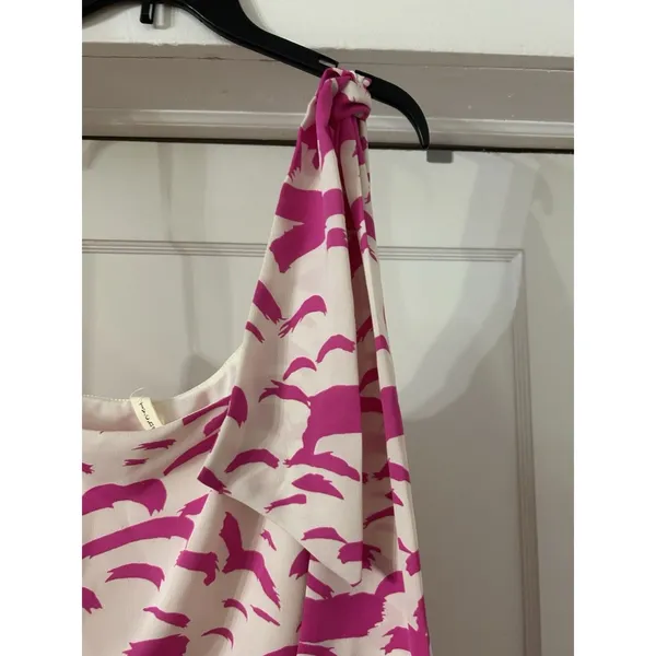 One Shoulder Pink Feather Print Slip Dress Side Slit Beach Summer Casual Medium - Image 3