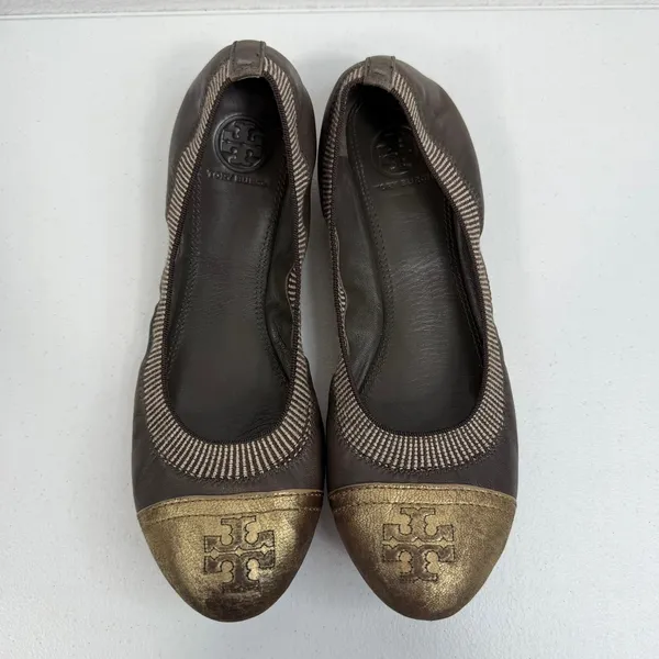 Tory Burch Sz 8.5 Gabby Ballet Flats Gun Metal Leather Gold‎ Cap Toe Logo Shoes - Image 6