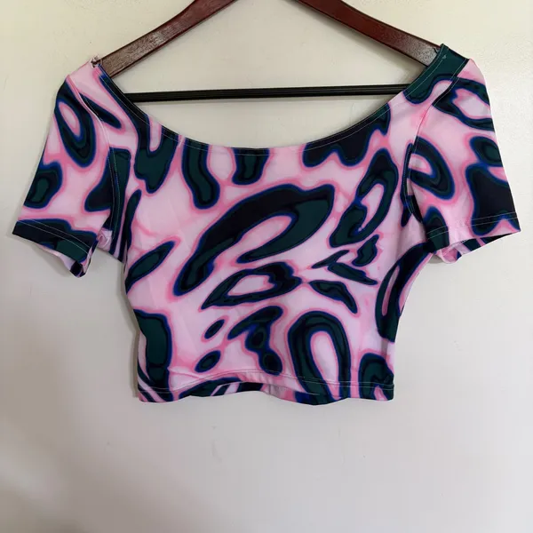 Adidas Women Pink Teal Abstract Swirl Print Short Sleeve Crop Top Small - Image 7