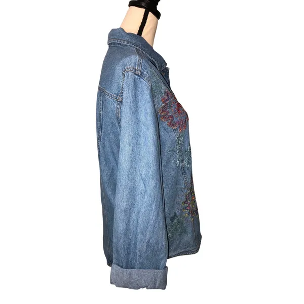 Vintage Embroidered Denim Shacket Shirt Jacket Beaded Floral Artwear Boho Size M - Image 12