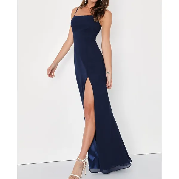 NEW Lulus Feeling Elegant Navy Blue Lace-Up Back Slit Chiffon Maxi Dress Medium - Image 2