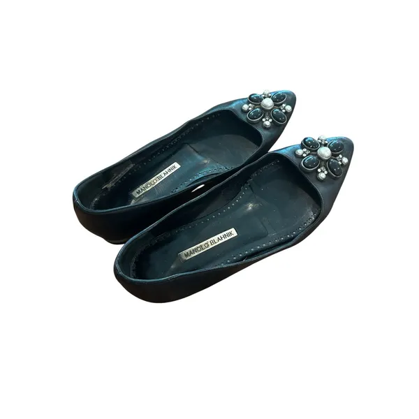 Vintage Y2K Manolo Blahnik Flats 37.5 Black Leather Embellished Cabochon‎ Pearl - Image 5