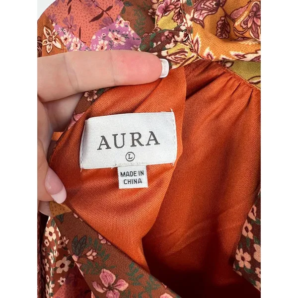 AURA Blouse Womens Size L Patchwork Tie Neck Long Sleeve Bohemian Relaxed Fit - Image 10