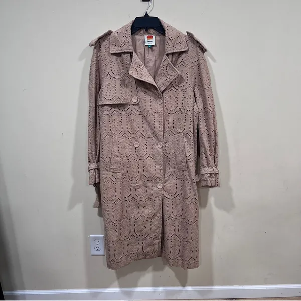 Farm Rio Eyelet Trench Coat – Tan Embroidered Long Jacket Sz XS - Image 3