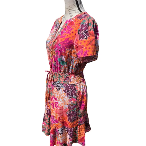 LOFT‎ NWOT Floral Patchwork Smocked Mini Dress Orange Pink Multi Summer Small - Image 5