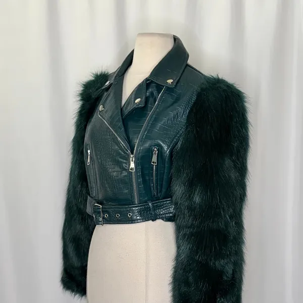 AZALEA WANG Nolla Faux Fur Arms Croc Moto Jacket Jade Green Vegan Leather Medium - Image 7