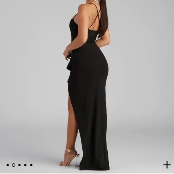 black formal maxi dress with ruffle slit worn for 3 hours - Image 3