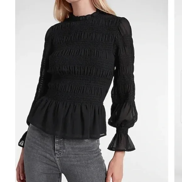 Express Elegant Black Smocked Balloon Sleeve Peplum Blouse NWT - Image 3