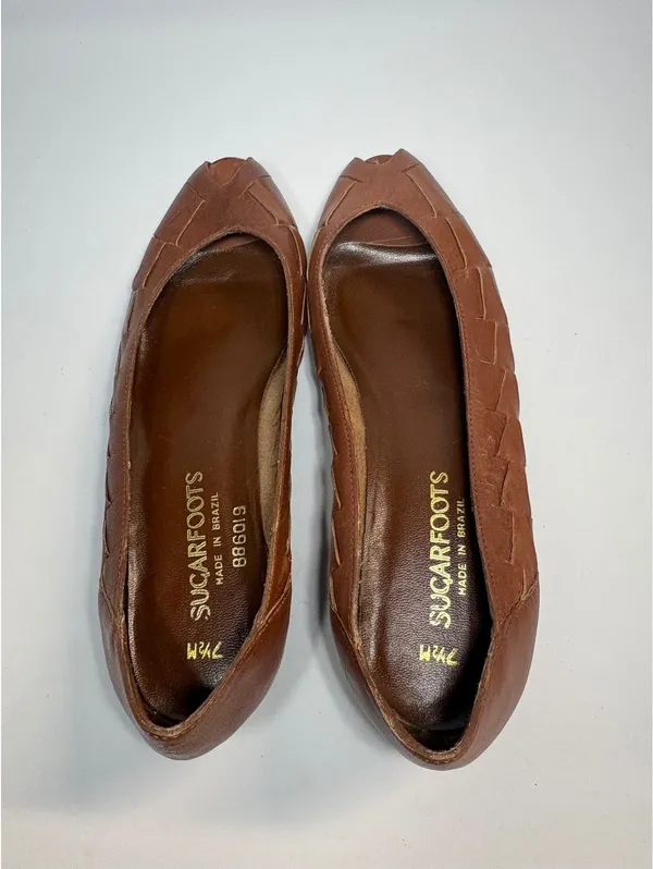 Vintage Sugarfoots Brown Leather Woven Peep Toe Pumps Women’s 7.5 M Brazil - Image 5