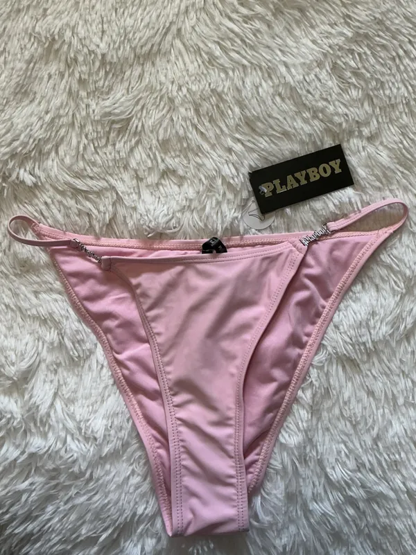 PLAYBOY Pink Rhinestone Logo Thong Swimsuit Bottoms - Image 2