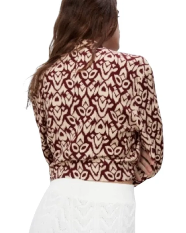 Zara Burgundy Cream Faux Wrap Blouse Print Vneck S - Image 3