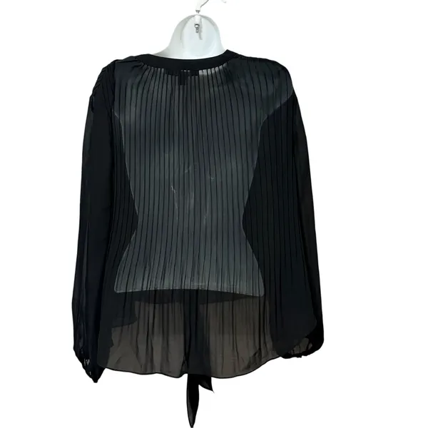 Michael Kors Black Pleated Sheer Tie Front Blouse Gold Button V-Neck Top - Image 2