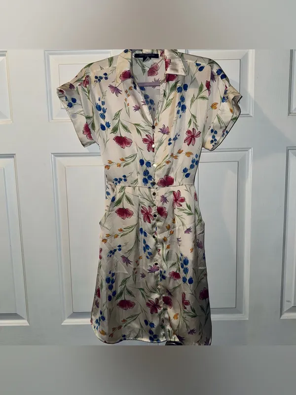 French Connection Women's Cream White Floral Print Short Sleeve Dress Small - Image 2