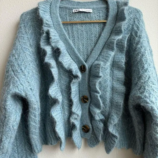 Zara Alpaca Blend Blue Ruffle Button Front Knit Puff Sleeve Sweater Size Small - Image 2