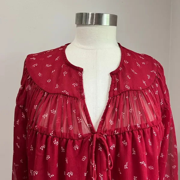 Old Navy Tie Front Red Floral Chiffon Long Sleeve Boho Blouse Sz‎ L - Image 5