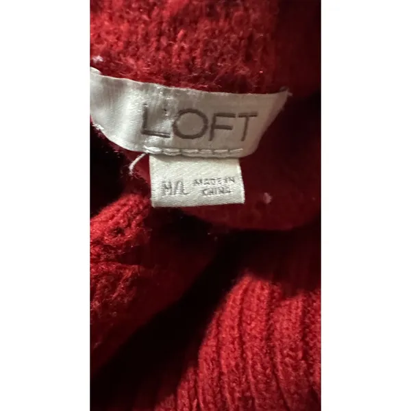 LOFT Womens Red Diamond Cable Knit Turtleneck‎ Poncho Sweater Size M/L - Image 3