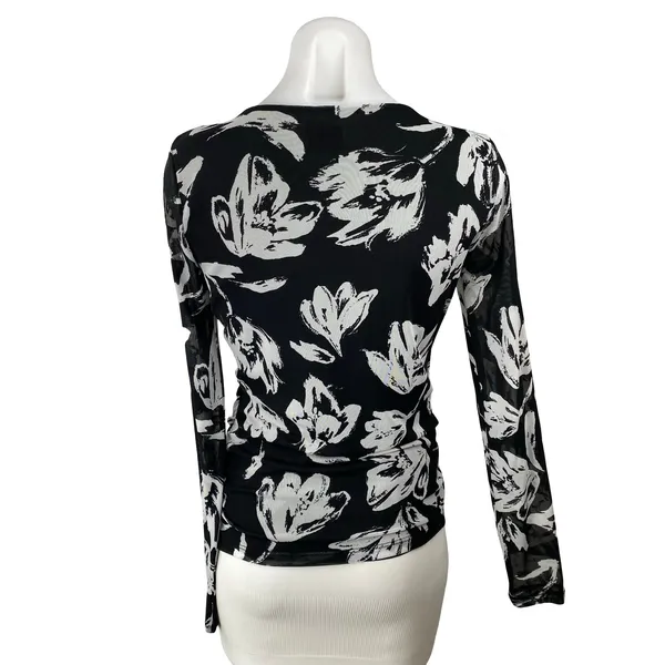 INC International Concepts Black White Floral Mesh Long Sleeve Blouse Top Size S - Image 4