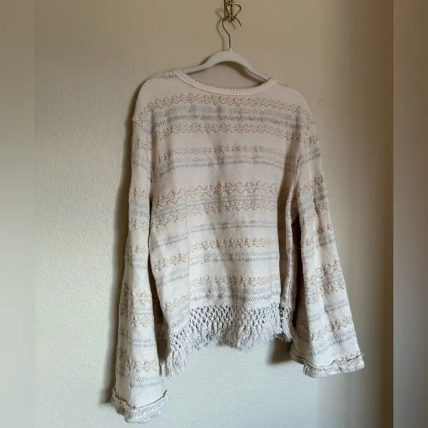 Free People Fringed Chunky Knit Embroidered Sweater Sz Large Flare Sleeves‎ - Image 7
