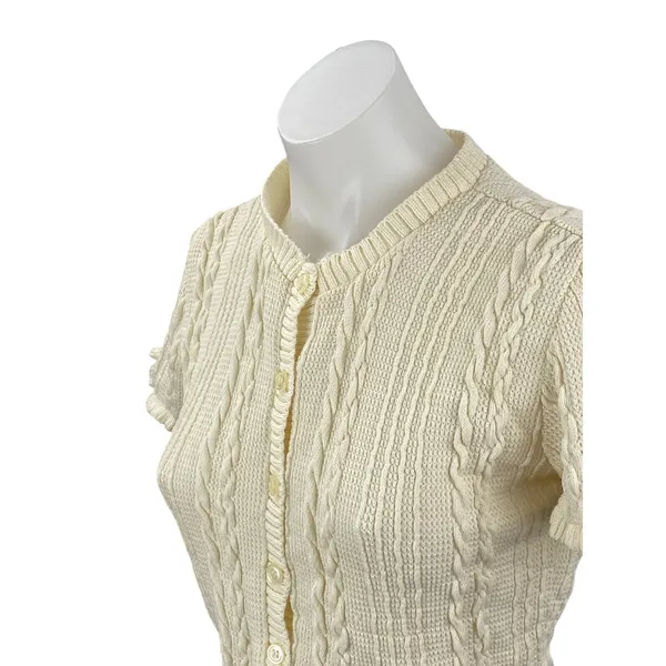 Zara Women's Cream Cable Knit Short Sleeve Button Down Sweater Crop Top Size M - Image 2