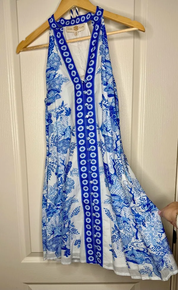 Anna Cate Blue White Halter Mini Dress Tassel Belt Extra Small NWT - Image 9