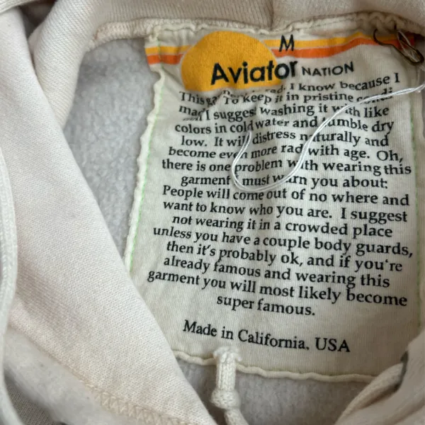 Aviator Nation Vintage White Cream Malibu Logo Drawstring Hoodie Medium - Image 8