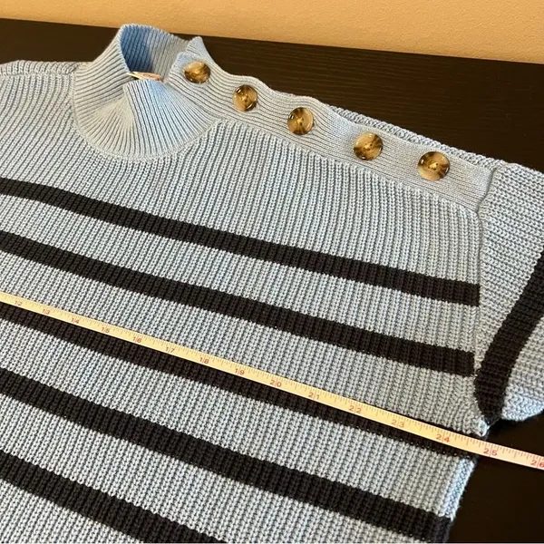 Loft Women’s Blue and‎ Navy Striped Mock Neck Button Sweater XLP - Image 9