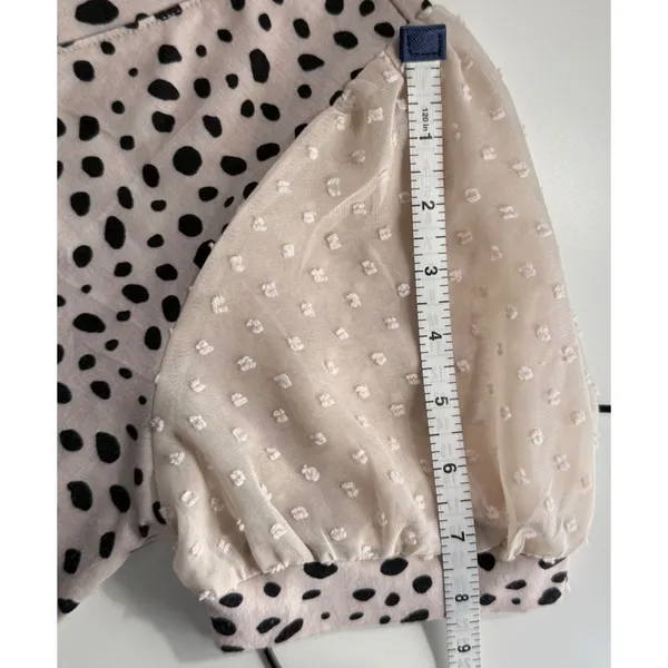 Tan Beige Black Dalmatian Print V Neck Blouse Sheer Swiss Dot Mesh Puff Sleeve S - Image 9