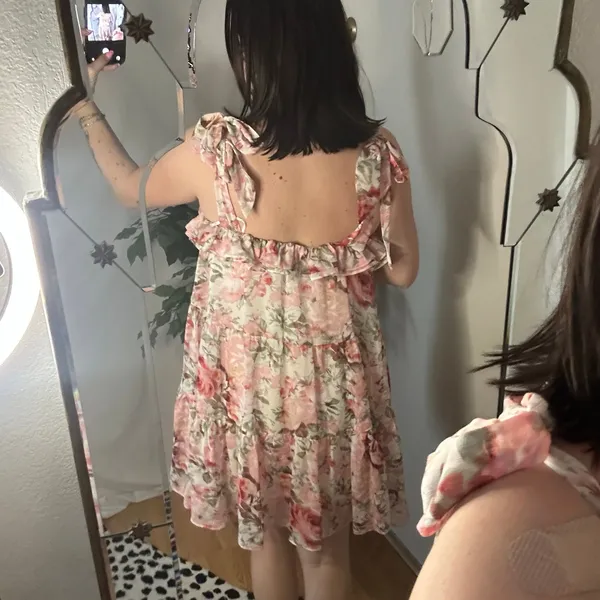 Aakaa Floral Tiered Babydoll Flounce Hem Mini Dress Pink Size Medium - Image 5
