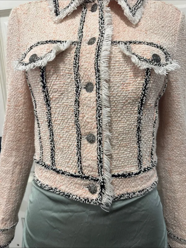 Veronica Beard Cotton Blend Pale Pink Tweed Fringed Blazer with Gray Trim S XS - Image 7