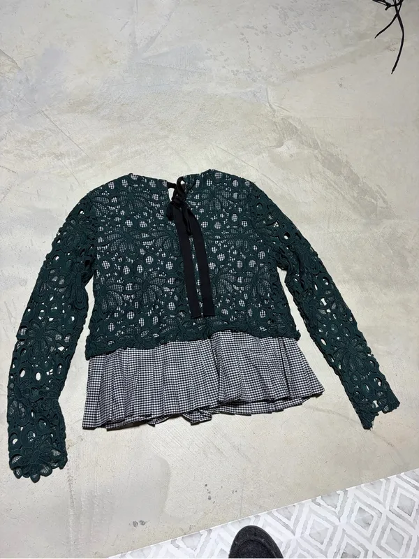 Anthropologie Maeve Gabriella Lace Overlay Peplum Top Dark Green small - Image 10