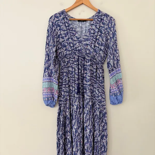 Few Moda Maxi Dress Small Blue Paisley Boho Tiered V-Neck Long Sleeve Drawstring - Image 16