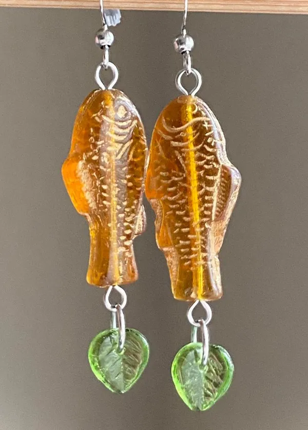 quality Czech glass beads fish/ leaf boho unique dangle earrings🐟 - Image 3