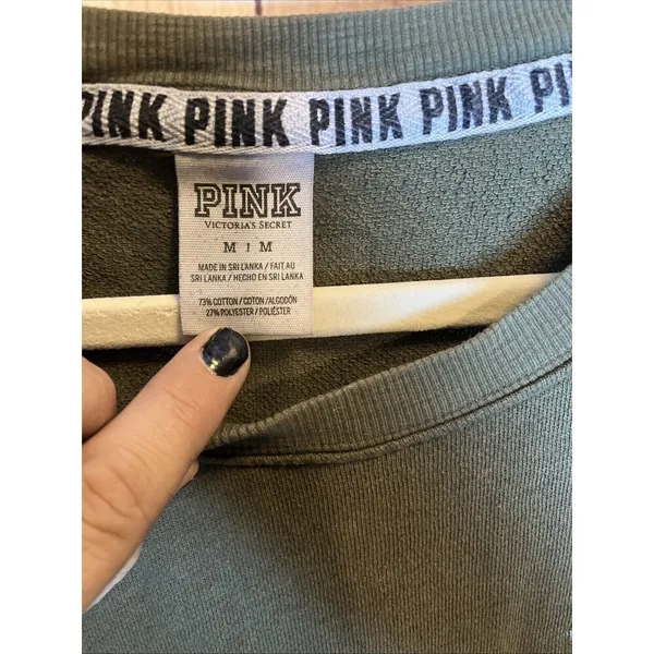 Pink Victoria's Secret Women's Olive Green Sweatshirt Size Medium Long Sleeve - Image 3