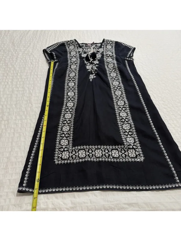 Calypso St. Barth 100% Linen Navy Blue White Embroidered Shift Dress Mini Small - Image 3