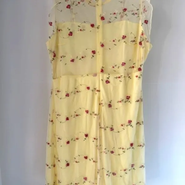 Angela Womens 1X Yellow Embroidered Floral Mesh Overlay A Line Dress Ruffle Cap - Image 5