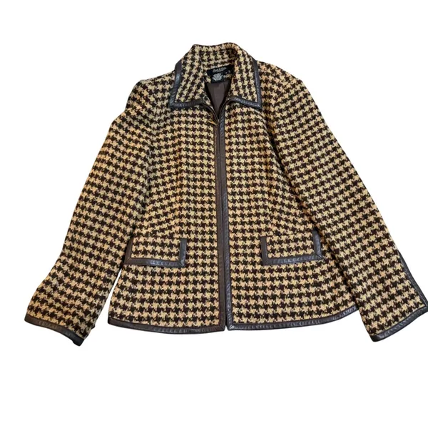 Peck & Peck Houndstooth Wool‎ Blend Zip Jacket Brown Tan Faux Leather Trim Sz 12 - Image 10