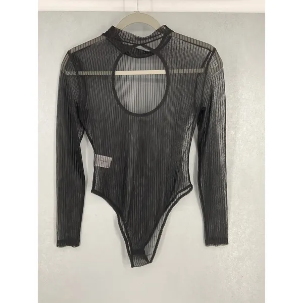 Commense Womens Bodysuit Black Sheer Mesh Front Cutout Ribbed Long Sleeve M - Image 3