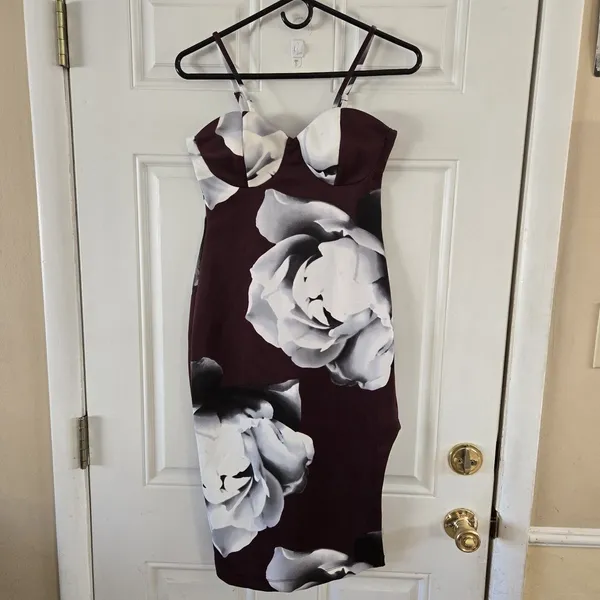 Venus Bodycon Dress Small Burgundy Floral Bustier Midi Stretch Party Cocktail - Image 10