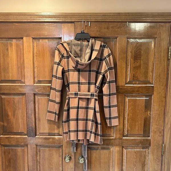 Tahari Plaid Hooded Belted Cardigan Coat Coatigan Tan‎ Black Medium M Jacket - Image 6