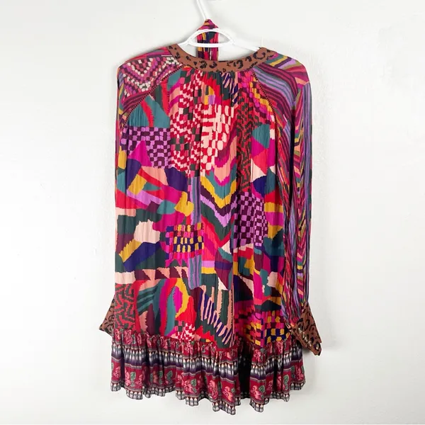 FARM RIO Long Sleeves Mixed Abstract Patches Button Front Mini Dress Small Boho - Image 2