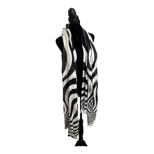 Etcetera Monochrome Zebra Print Scarf Black White Stripe Fringe Headwrap Headband Shawl - Image 2