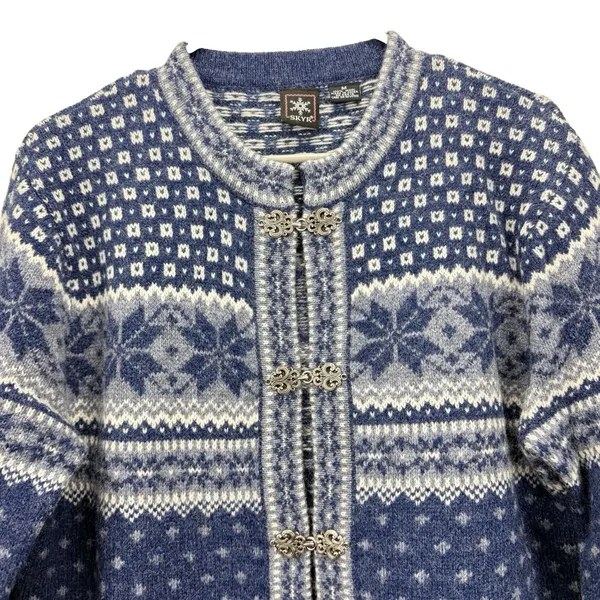 SKYR Norwegian Wool Sweater Cardigan Blue Fair Isle Front Metal Clasps MEDIUM - Image 3